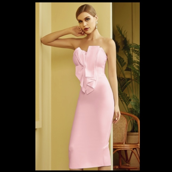NEW! DESIGNER COUTURE PINK STRAPLESS RUFFLE BANDAGE DRESS TEXTURED RUFFLE BOW - Picture 9 of 11